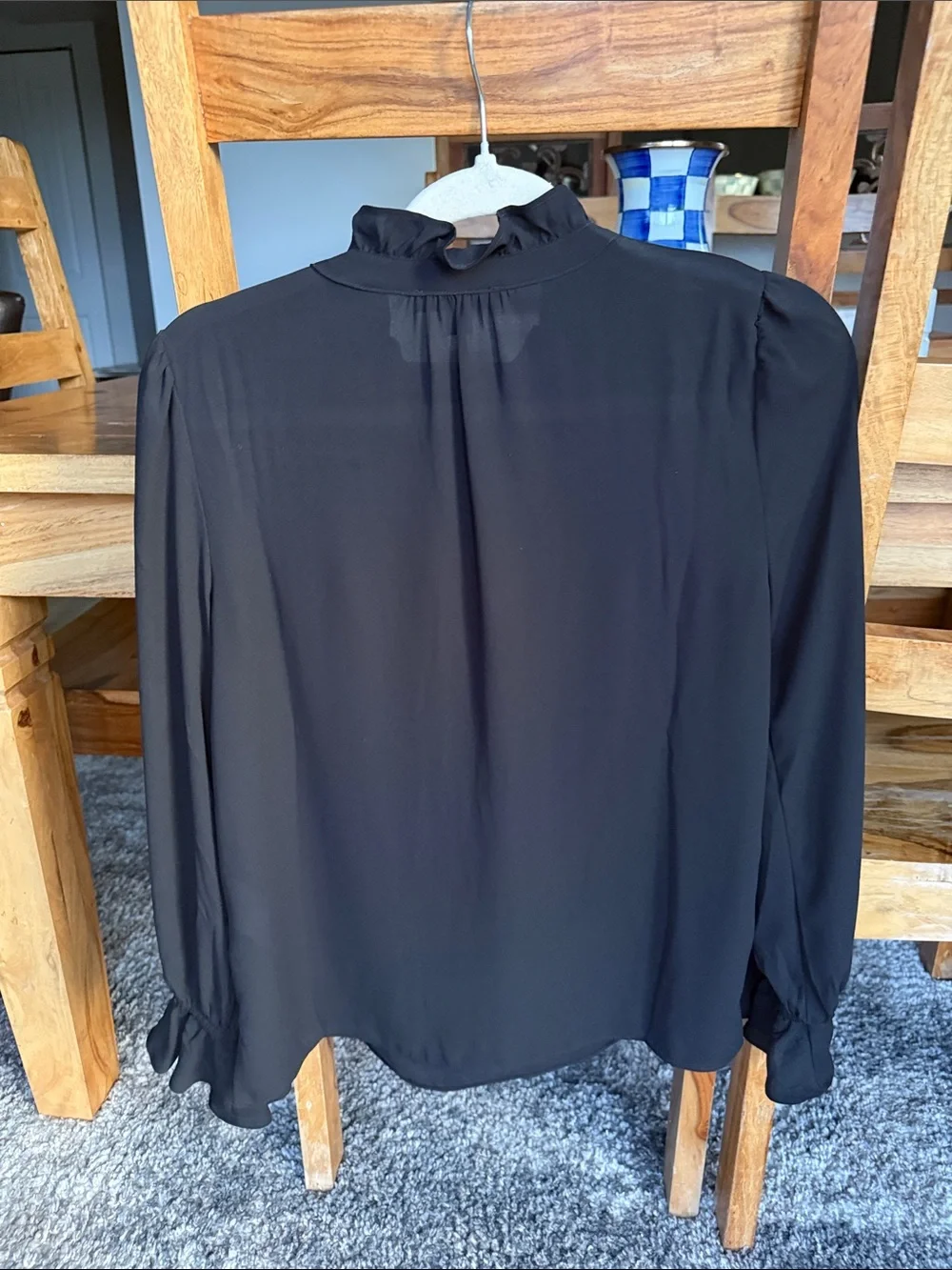 J. Crew Black Ruffle Tie-Neck Long-Sleeve Blouse with Puff Shoulders XS